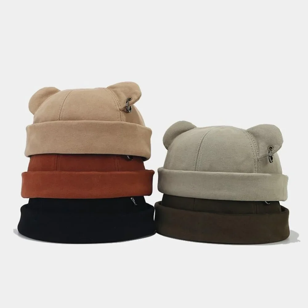 Unisex Khaki Bear Ear Skull Cap Brimless Cap Adjustable Docker Cap Docker Cap